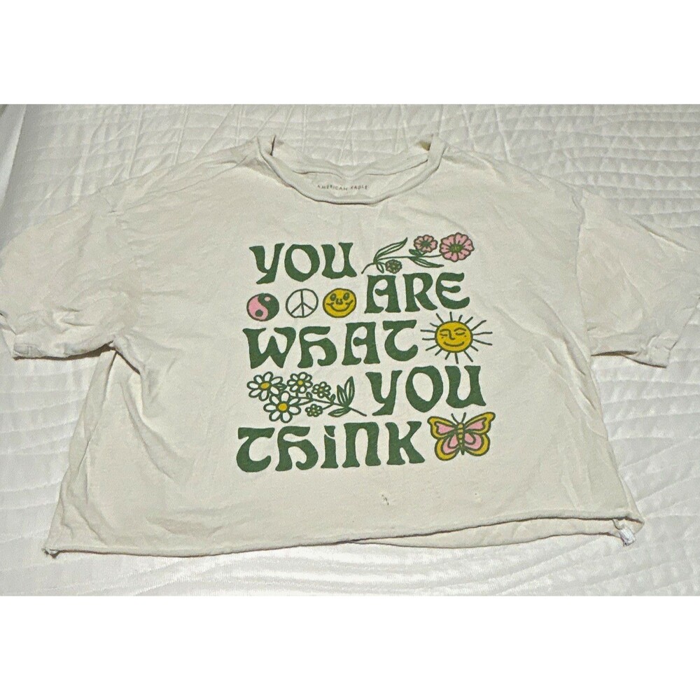 American Eagle Women’s White Cropped Graphic Print Crew Neck Tee, Size S